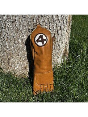 Vintage Persimmon Golf Club Head Cover #4 Tan Brown Brass Ring Slip On